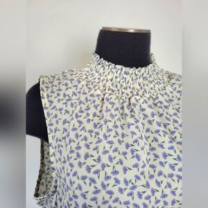 Purple Floral Camisole Tank Top High Neck Smocked Lavender Cottage Office L